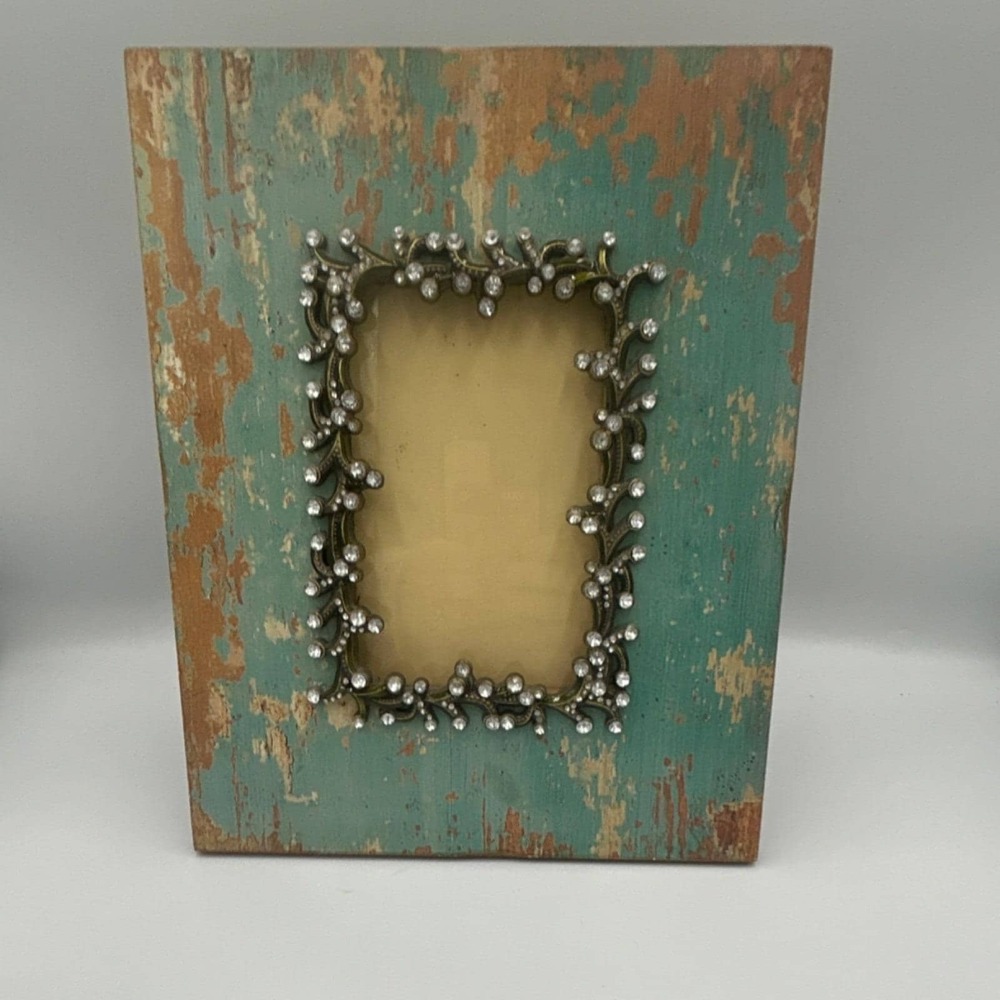 Rustic Ornate Metal & Wood Photo Frame Distressed Turquoise Brown Rectangle